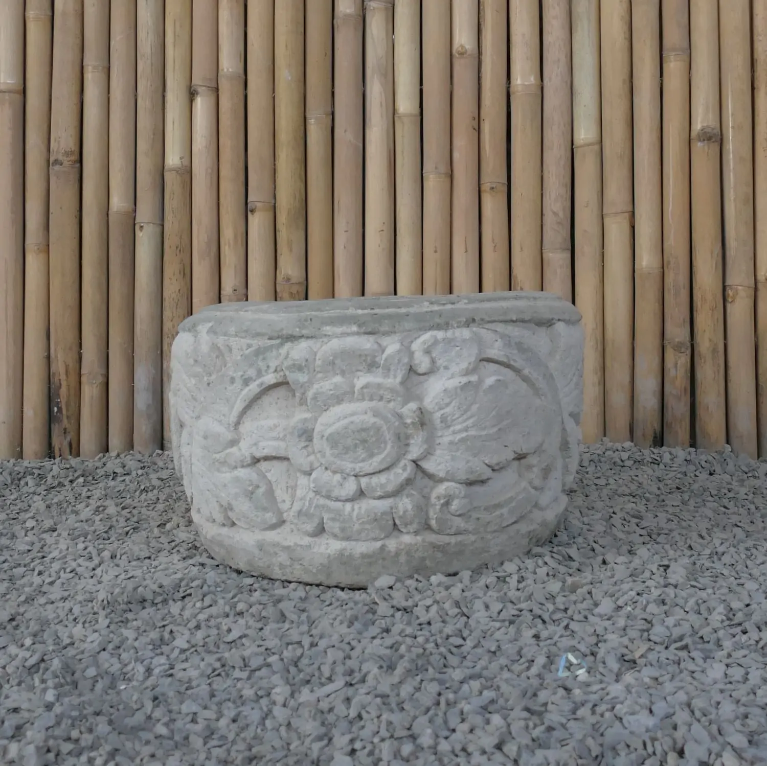 Product image 5 of the product “Balinese style flat round pot, with carving - 50cm Dia., 30 cm Height, Taro sand ”